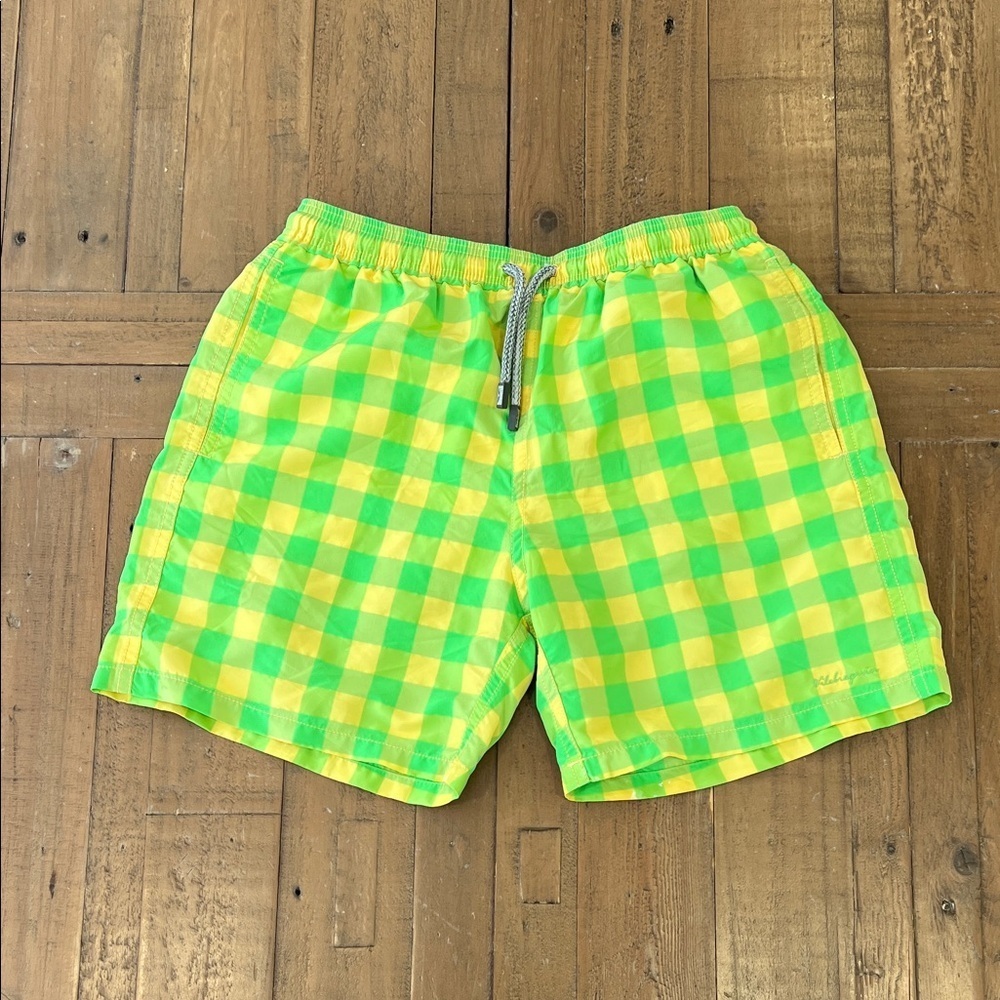 Vilebrequin Lime Green yellow Checkered plaid swim trunks kids 12